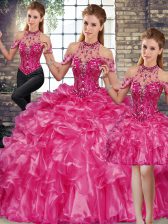  Floor Length Three Pieces Sleeveless Fuchsia Vestidos de Quinceanera Lace Up