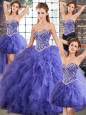  Sleeveless Tulle Floor Length Lace Up 15th Birthday Dress in Lavender with Beading and Ruffles