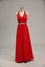 Superior Halter Top Sleeveless Chiffon Prom Dresses Beading and Ruching Zipper