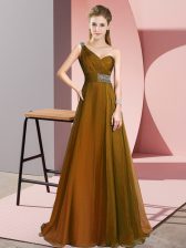Classical Brown Empire Chiffon One Shoulder Sleeveless Beading Criss Cross Dress for Prom Brush Train