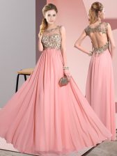 Excellent Floor Length Backless Quinceanera Court of Honor Dress Pink for Wedding Party with Beading and Appliques