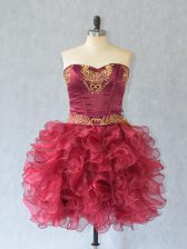  Wine Red Prom Party Dress Prom and Party with Embroidery and Ruffles Sweetheart Sleeveless Lace Up