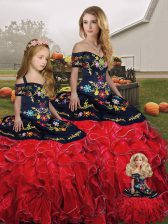 Fantastic Red And Black Ball Gowns Organza Off The Shoulder Sleeveless Embroidery and Ruffles Floor Length Lace Up Quinceanera Gowns