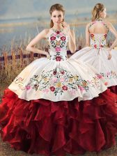 Latest White And Red Halter Top Lace Up Embroidery and Ruffles Quinceanera Dress Sleeveless
