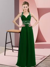  Sleeveless Chiffon Floor Length Backless Evening Dress in Dark Green with Beading