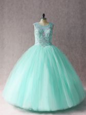 Exceptional Floor Length Lace Up Sweet 16 Dress Apple Green for Sweet 16 and Quinceanera with Beading