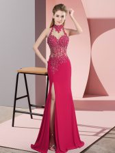 Customized Hot Pink Column/Sheath Beading Prom Dress Backless Chiffon Sleeveless Floor Length