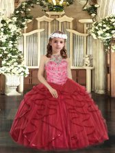 Hot Selling Ball Gowns Little Girls Pageant Dress Wholesale Red Halter Top Tulle Sleeveless Floor Length Lace Up