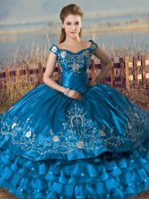 Affordable Off The Shoulder Sleeveless Sweet 16 Quinceanera Dress Floor Length Embroidery and Ruffles Teal Satin and Organza