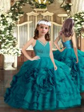 High Class Floor Length Teal Little Girls Pageant Dress Wholesale V-neck Sleeveless Zipper