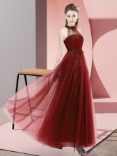  Floor Length Lace Up Damas Dress Wine Red for Wedding Party with Beading and Appliques