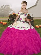 New Style Fuchsia Off The Shoulder Neckline Embroidery and Ruffles 15 Quinceanera Dress Sleeveless Lace Up