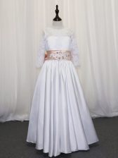Elegant Satin Half Sleeves Floor Length Toddler Flower Girl Dress and Lace and Bowknot