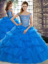  Beading and Pick Ups Ball Gown Prom Dress Blue Lace Up Sleeveless Brush Train
