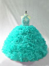 Unique Beading and Ruffles 15 Quinceanera Dress Aqua Blue Lace Up Sleeveless Brush Train