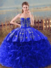 Suitable Royal Blue Sleeveless Embroidery and Ruffles Lace Up Quinceanera Dress
