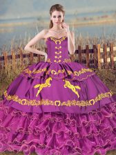 Fine Purple Satin and Organza Lace Up Sweetheart Sleeveless Quinceanera Dresses Brush Train Embroidery and Ruffles