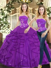  Sleeveless Floor Length Beading and Ruffles Lace Up Quinceanera Gowns with Purple