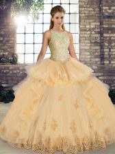 Beautiful Sleeveless Floor Length Lace and Embroidery and Ruffles Lace Up Quinceanera Gown with Champagne