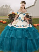  Teal Off The Shoulder Lace Up Embroidery and Ruffled Layers 15th Birthday Dress Brush Train Sleeveless