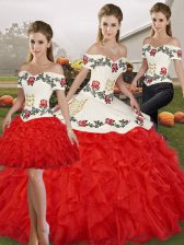 Modern White And Red Three Pieces Embroidery and Ruffles Quinceanera Dress Lace Up Organza Sleeveless Floor Length