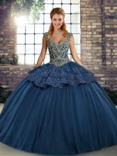 Nice Navy Blue Sleeveless Floor Length Beading and Appliques Lace Up Sweet 16 Dress