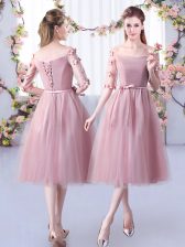 Modern Pink Empire Appliques and Belt Dama Dress Lace Up Tulle Half Sleeves Tea Length