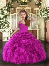 Simple Straps Sleeveless Kids Pageant Dress Floor Length Ruffles Fuchsia Organza