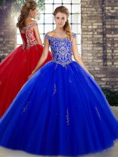  Royal Blue Ball Gowns Tulle Off The Shoulder Sleeveless Beading Floor Length Lace Up 15 Quinceanera Dress