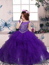 Excellent Sleeveless Floor Length Beading and Ruffles Zipper Child Pageant Dress with Purple