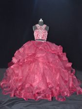 Low Price Burgundy Backless Ball Gown Prom Dress Beading and Ruffles Sleeveless Brush Train