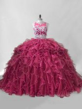 Dynamic Brush Train Two Pieces 15th Birthday Dress Wine Red Scoop Organza Sleeveless Zipper