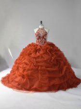 Admirable Sleeveless Organza Court Train Lace Up Sweet 16 Quinceanera Dress in Brown with Beading and Pick Ups