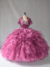 Stylish Burgundy Lace Up Strapless Beading and Ruffles Quince Ball Gowns Organza Sleeveless