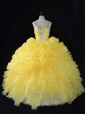  Organza Straps Sleeveless Zipper Beading and Ruffles and Pick Ups Sweet 16 Dresses in Yellow