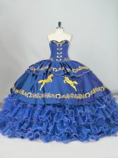  Sweetheart Sleeveless Satin and Organza Sweet 16 Dresses Embroidery and Ruffled Layers Brush Train Lace Up