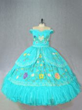  Satin Sleeveless Floor Length Sweet 16 Dress and Embroidery