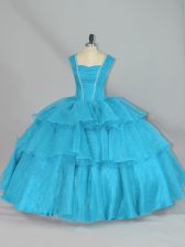 Custom Design Aqua Blue Ball Gowns Beading and Ruffled Layers Vestidos de Quinceanera Lace Up Organza Sleeveless Floor Length