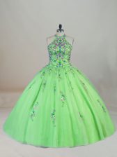 Halter Top Neckline Appliques and Embroidery 15th Birthday Dress Sleeveless Lace Up