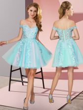 Unique Mini Length Aqua Blue Dama Dress Tulle Sleeveless Lace
