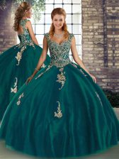 Cheap Peacock Green Tulle Lace Up 15 Quinceanera Dress Sleeveless Floor Length Beading and Appliques