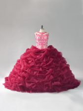 Beautiful Burgundy Scoop Lace Up Beading and Pick Ups Ball Gown Prom Dress Court Train Sleeveless