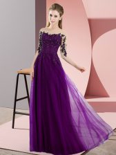 Nice Dark Purple Half Sleeves Beading and Lace Floor Length Quinceanera Court Dresses