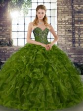 Customized Olive Green Ball Gowns Beading and Ruffles Sweet 16 Quinceanera Dress Lace Up Organza Sleeveless Floor Length