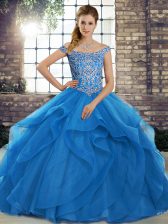  Blue Off The Shoulder Neckline Beading and Ruffles Vestidos de Quinceanera Sleeveless Lace Up