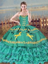  Turquoise Ball Gowns Sweetheart Sleeveless Satin Floor Length Lace Up Embroidery and Ruffled Layers Quince Ball Gowns