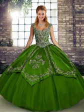  Tulle Straps Sleeveless Lace Up Beading and Embroidery Sweet 16 Dresses in Olive Green