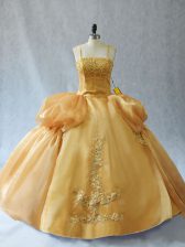  Gold Organza Lace Up Straps Sleeveless Floor Length Sweet 16 Dresses Appliques
