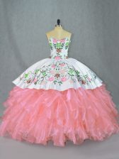 Decent Pink Sweetheart Neckline Embroidery and Ruffles Quinceanera Gown Sleeveless Lace Up
