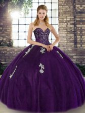  Sleeveless Floor Length Beading and Appliques Lace Up Sweet 16 Quinceanera Dress with Purple